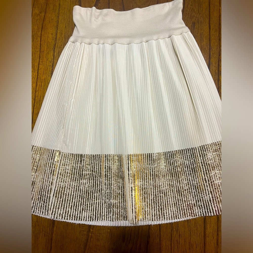 Vintage designer Rozae Nichols pleated skirt XS stretch waste cream and gold